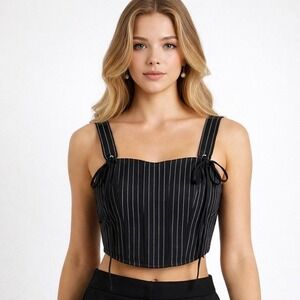 Boohoo Black Pinstripe Corset Crop Top Tie Strap Bustier Size US 12 NWT
